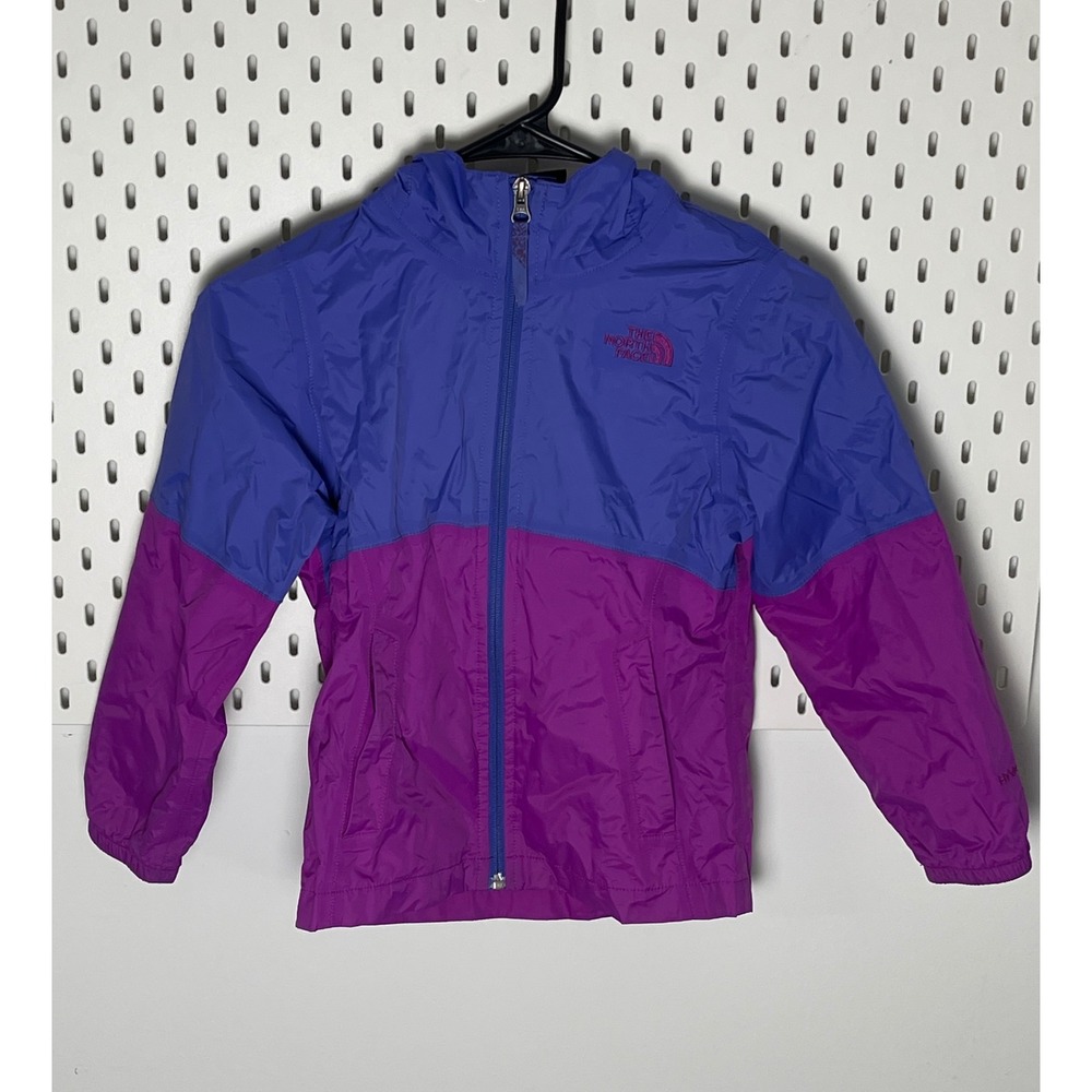 The North Face Girls HyVent Rain Jacket Purple Blue Hooded Windbreaker XS 6